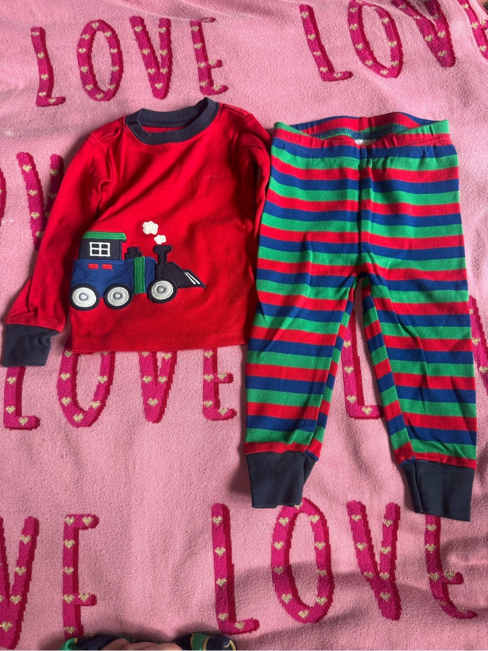Gymboree Red Train Pajama Set with Blue and Green Stripes